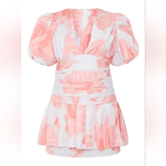 PrettyLittleThing Pink Swirl Print Pleated Waist Puff Sleeve Skater Mini Dress S - Picture 6 of 16